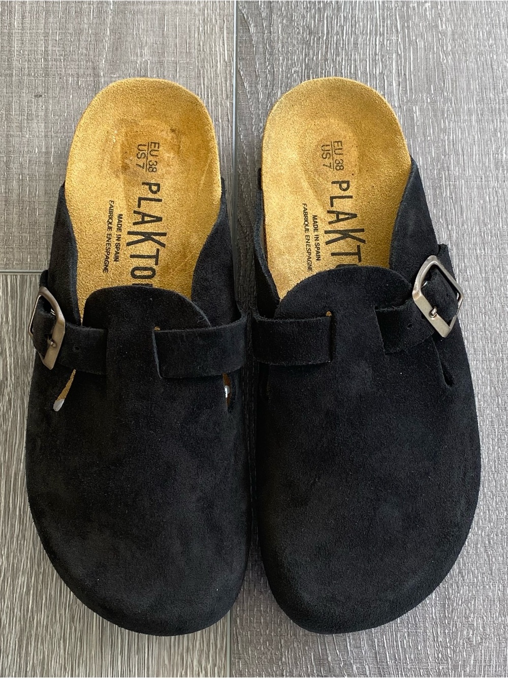 Plakton Black Suede Clogs Women's Size 7 Adjustable Buckle Mules Spain